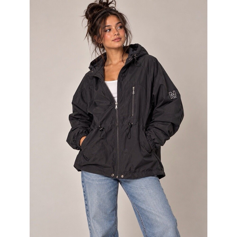 Vintage Nike Women’s M 8-10 Black Hooded Long Windbreaker Jacket Y2K